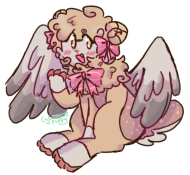 Maple, a sheep character with wings, sitting down and smiling towards the viewer.