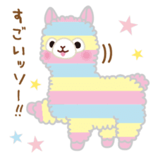 An Alpacasso sticker. The alpaca shown has pastel pink, blue, and yellow stripes down its body.