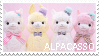 A stamp of four alpaca plushies. It says Alpacasso in the corner.